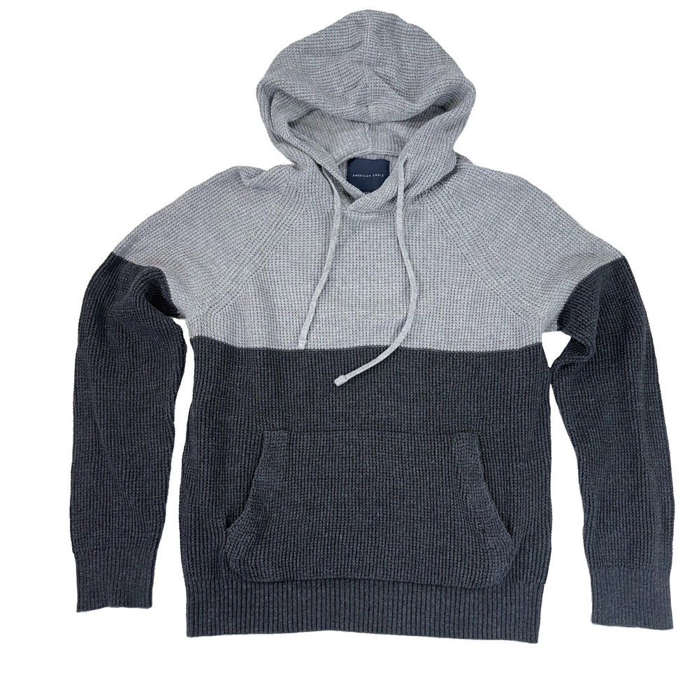 American Eagle Mens S Waffle Knit Hoodie Sweater Gray Colorblock Cotton Pullover